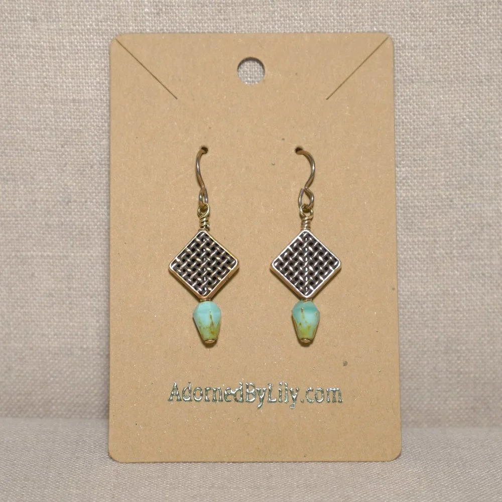 Hand Crafted Handmade Earrings Woven Copper Beads Aqua Czech Glass Beads - Picture 2 of 4